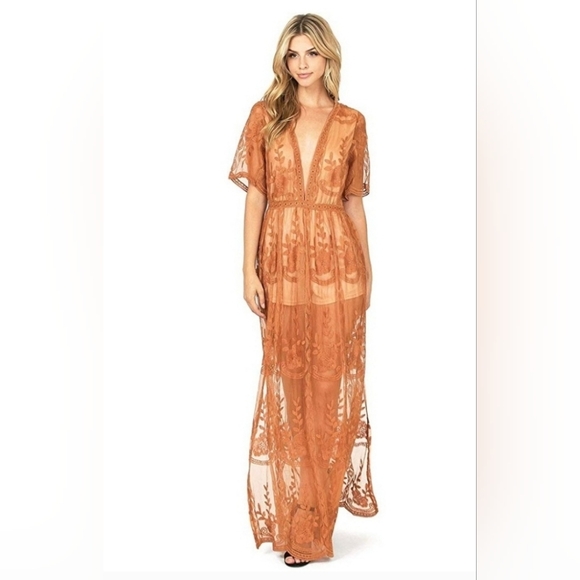 Dresses & Skirts - Beautiful Embroidered Rust Lace Maxi Romper